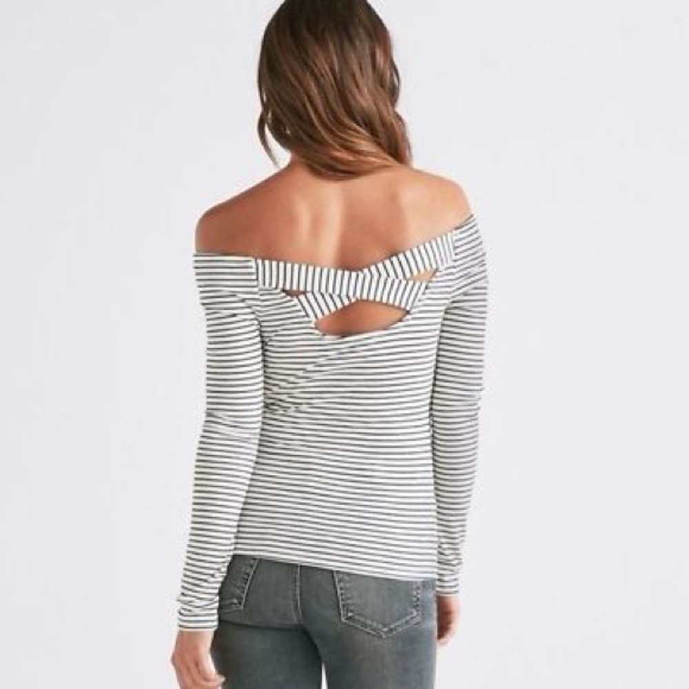 Women’s | Lucky Brand Black & White Stripe Off Shoulder Top | Medium - Picture 2 of 4